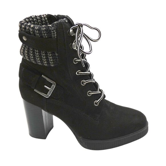 White Mountain Black Knit Cuff Moto Lace-Up Booties CabinCore Cozy Chic 7.5 - Picture 1 of 10